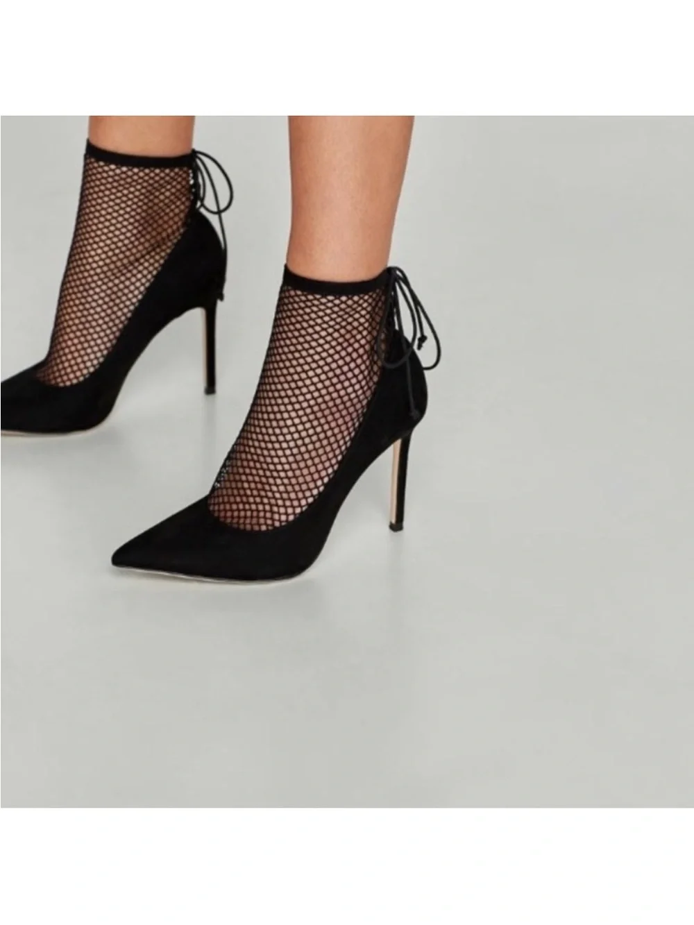 Zara Black Mesh Lace-Up Pointed-Toe Stiletto Heels - Picture 2 of 2